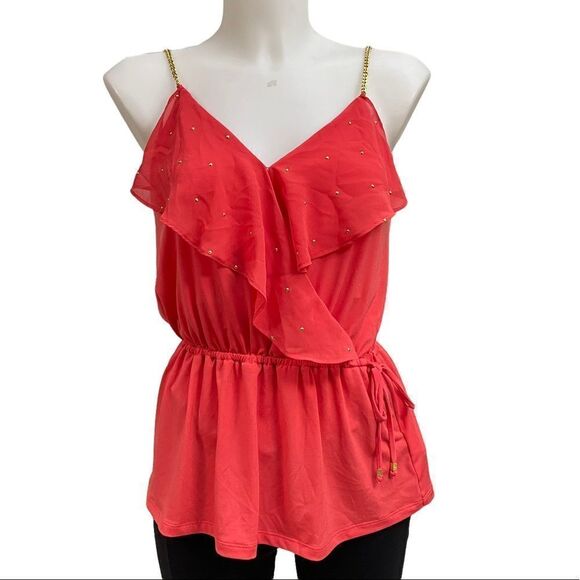 MICHAEL KORS ruffled front vneck gold chain w/ studs chiffon cami top coral szXS - Picture 1 of 8